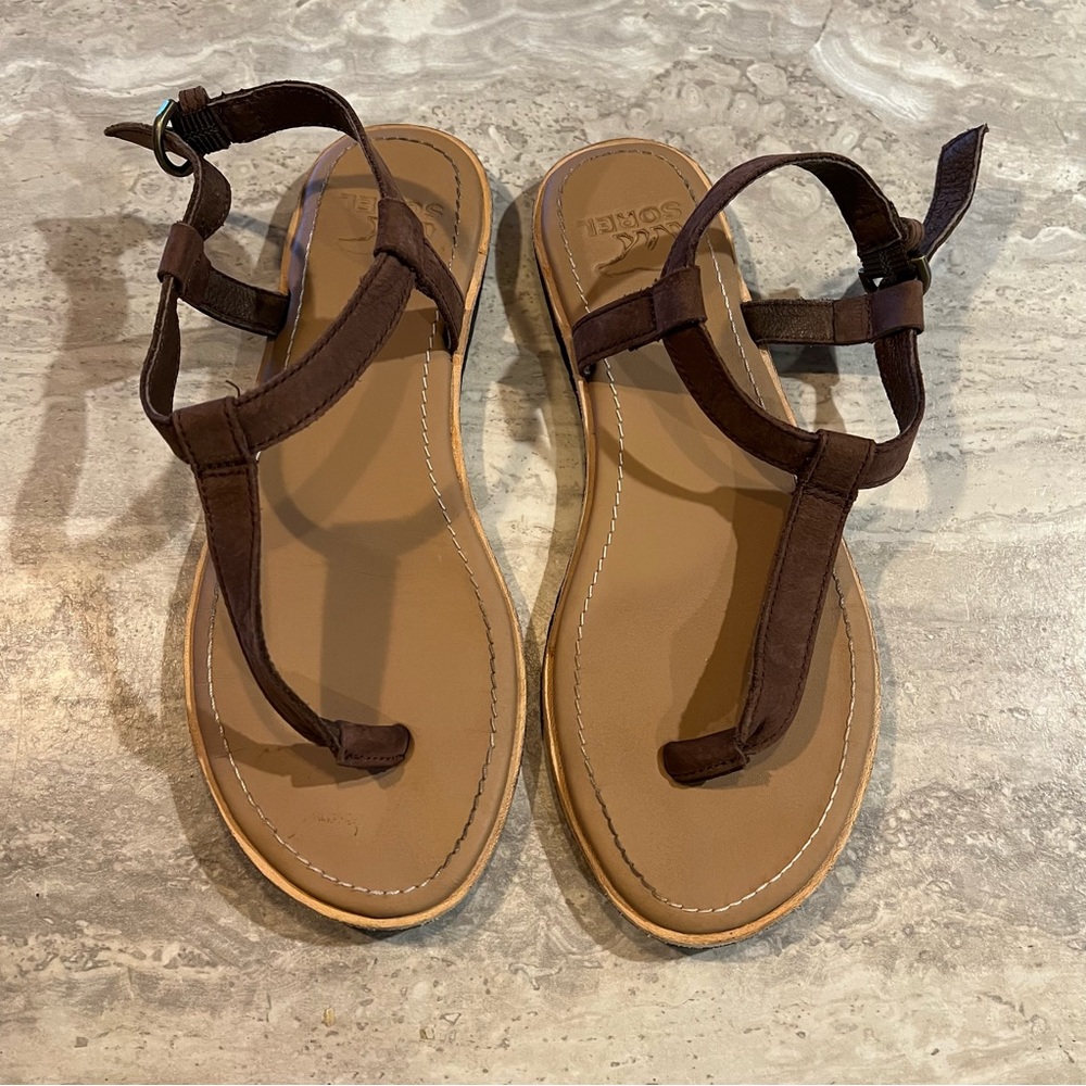 Sorel Bailee TStrap Brown Leather Thong Sandals Shoes Womens size 6.5